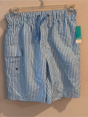 Outdoor Oasis Boys Blue & White Vertical Stripe Lined Swim Trunks, M 10/12, NWT